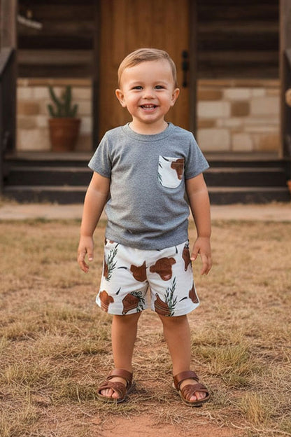 Western ranch grey top & cows print shorts 2pc boy's boutique set 2601086M