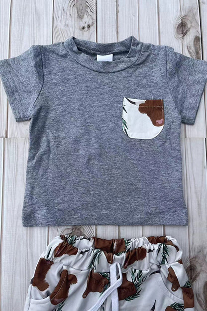 Western ranch grey top & cows print shorts 2pc boy's boutique set 2601086M