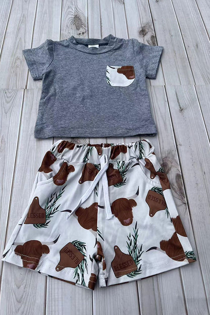 Western ranch grey top & cows print shorts 2pc boy's boutique set 2601086M