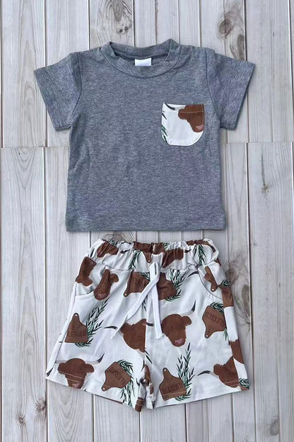 Western ranch grey top & cows print shorts 2pc boy's boutique set 2601086M