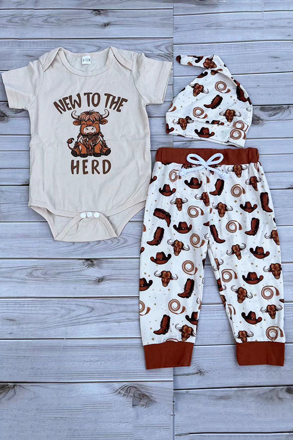 Western NEW TO THE HERD romper & pant & hat 3pc baby boutique sets 2601089M