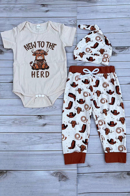 Western NEW TO THE HERD romper & pant & hat 3pc baby boutique sets 2601089M