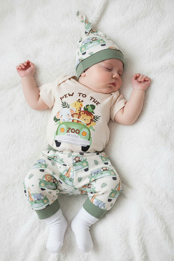Chic animal print romper & pant & hat 3pc baby boutique sets 2601091M