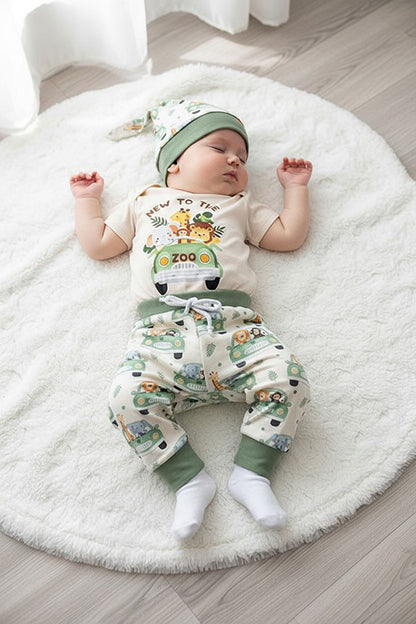 Chic animal print romper & pant & hat 3pc baby boutique sets 2601091M