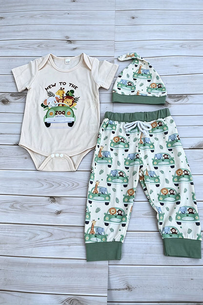 Chic animal print romper & pant & hat 3pc baby boutique sets 2601091M