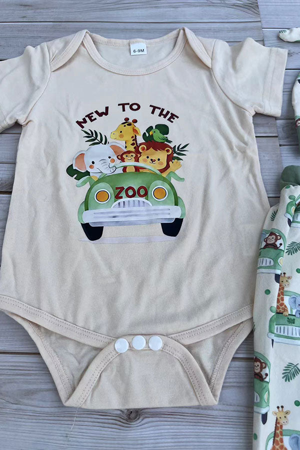 Chic animal print romper & pant & hat 3pc baby boutique sets 2601091M