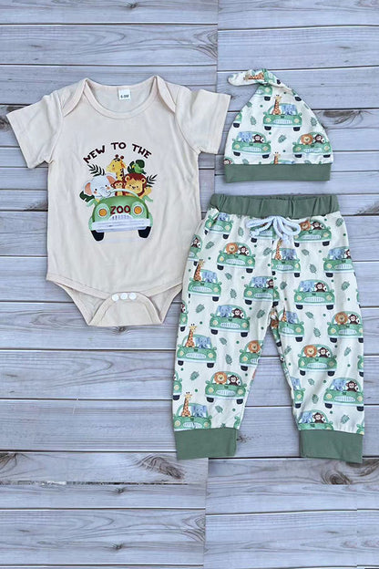 Chic animal print romper & pant & hat 3pc baby boutique sets 2601091M