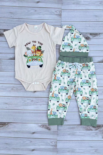 Chic animal print romper & pant & hat 3pc baby boutique sets 2601091M