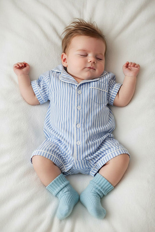 Chic one piece blue striped short sleeve baby boutique jumpsuit 2601092M