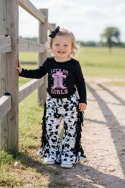 Western cowgirl romper & cow fringe pant baby boutique sets 2601096M