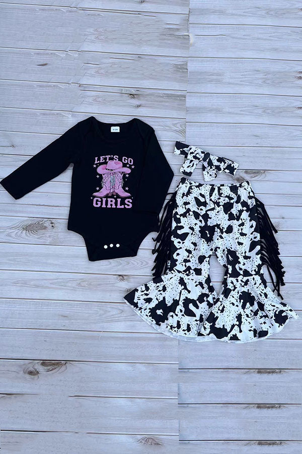 Western cowgirl romper & cow fringe pant baby boutique sets 2601096M