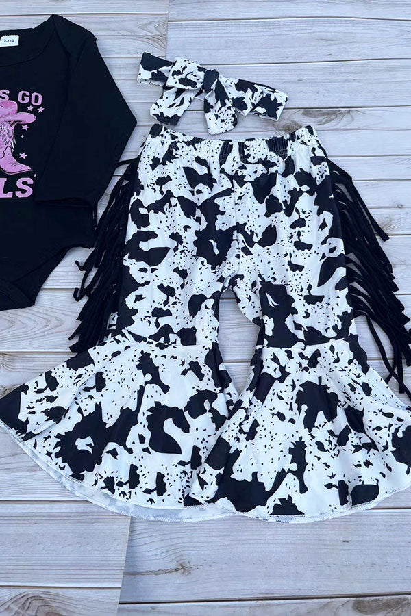 Western cowgirl romper & cow fringe pant baby boutique sets 2601096M