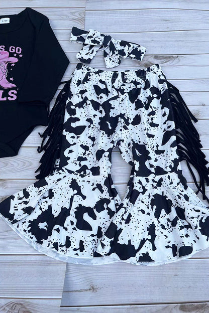 Western cowgirl romper & cow fringe pant baby boutique sets 2601096M
