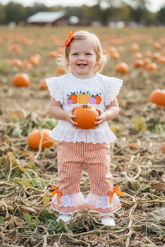 Halloween pumpkin embroidery top & lace ruffle pant girls boutique set 2601097M