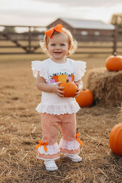 Halloween pumpkin embroidery top & lace ruffle pant girls boutique set 2601097M