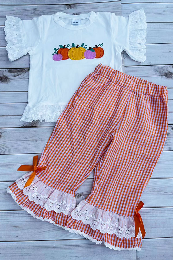 Halloween pumpkin embroidery top & lace ruffle pant girls boutique set 2601097M