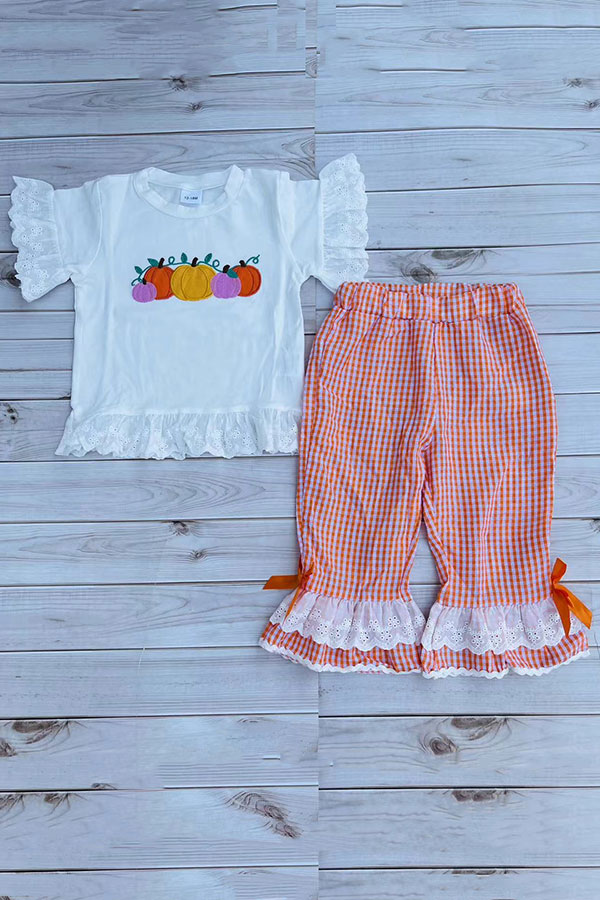 Halloween pumpkin embroidery top & lace ruffle pant girls boutique set 2601097M