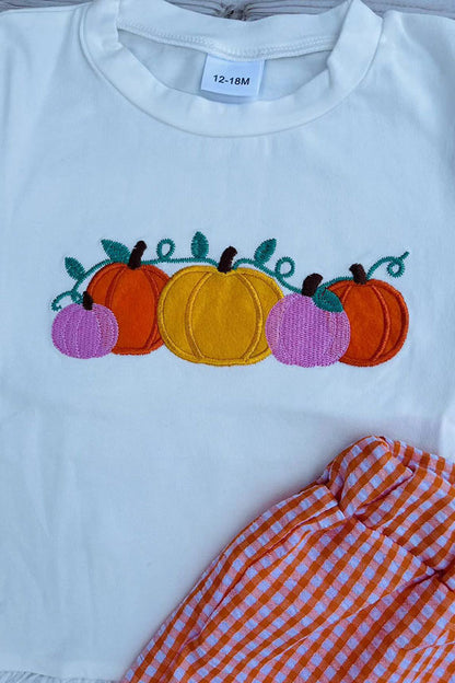 Halloween pumpkin embroidery top & lace ruffle pant girls boutique set 2601097M