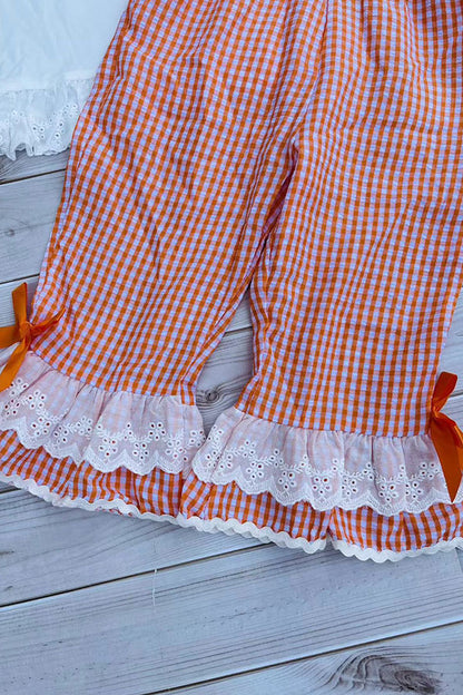 Halloween pumpkin embroidery top & lace ruffle pant girls boutique set 2601097M