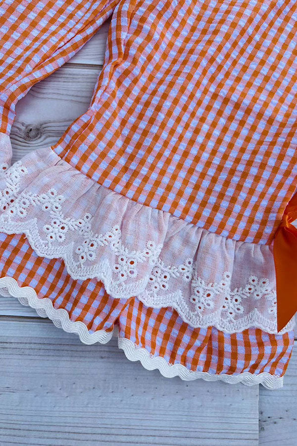 Halloween pumpkin embroidery top & lace ruffle pant girls boutique set 2601097M