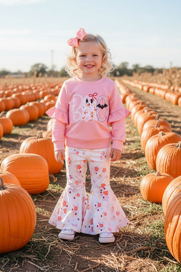 Halloween BOO embroidery sweatshirt & floral pant girls boutique set 2601099M