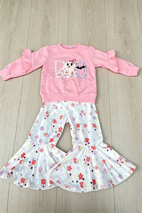 Halloween BOO embroidery sweatshirt & floral pant girls boutique set 2601099M