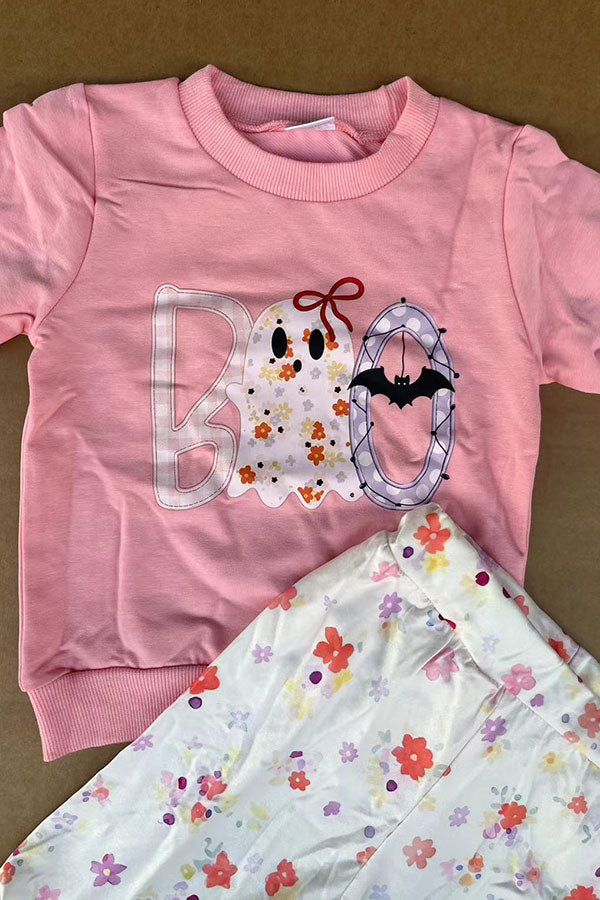 Halloween BOO embroidery sweatshirt & floral pant girls boutique set 2601099M