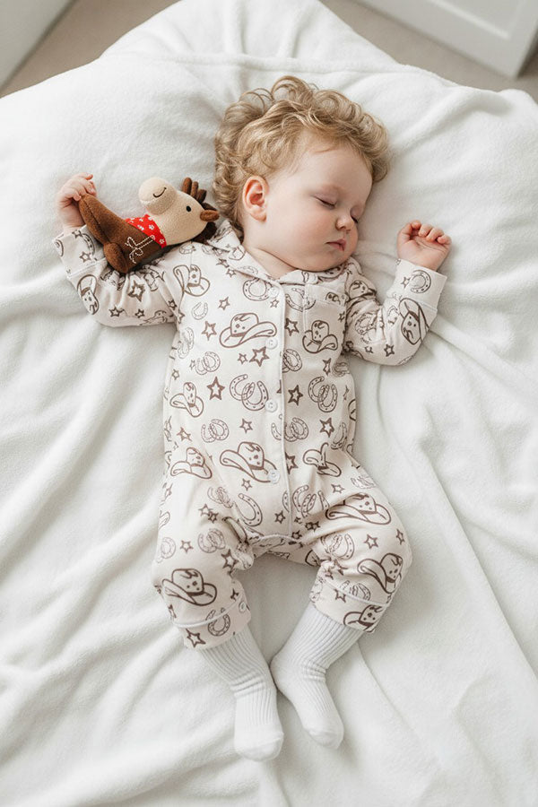 Western one piece beige long sleeve baby boutique pajamas 2601105M