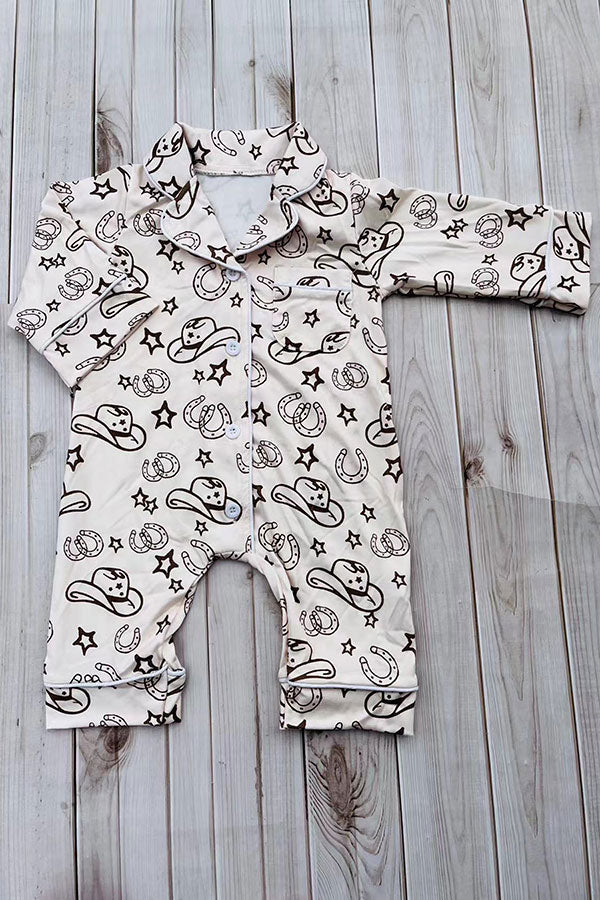 Western one piece beige long sleeve baby boutique pajamas 2601105M