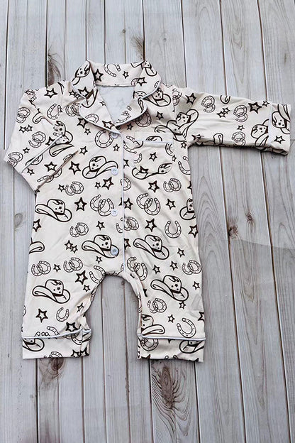 Western one piece beige long sleeve baby boutique pajamas 2601105M
