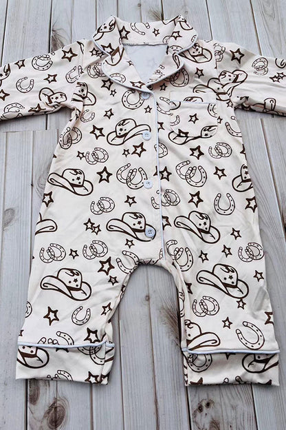Western one piece beige long sleeve baby boutique pajamas 2601105M