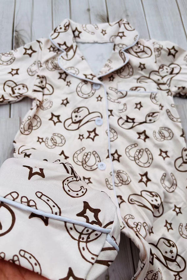 Western one piece beige long sleeve baby boutique pajamas 2601105M