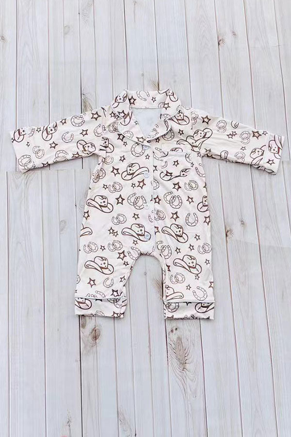 Western one piece beige long sleeve baby boutique pajamas 2601105M