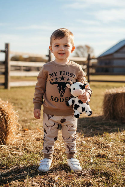 Western "MY FIRST RODEO" brown sweatshirt & pant boy's boutique set 2601108M