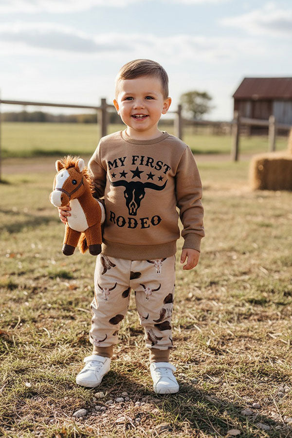 Western "MY FIRST RODEO" brown sweatshirt & pant boy's boutique set 2601108M