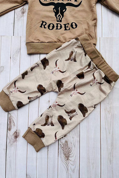 Western "MY FIRST RODEO" brown sweatshirt & pant boy's boutique set 2601108M