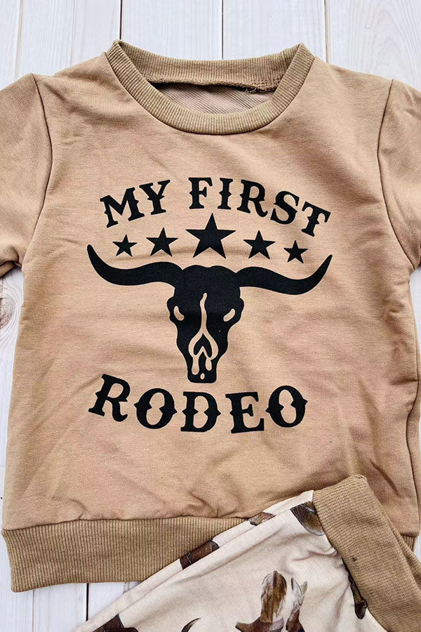 Western "MY FIRST RODEO" brown sweatshirt & pant boy's boutique set 2601108M