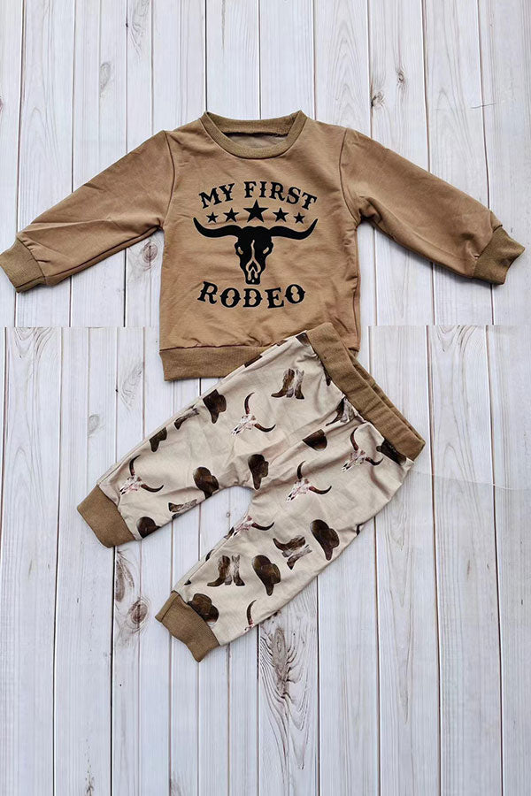 Western "MY FIRST RODEO" brown sweatshirt & pant boy's boutique set 2601108M