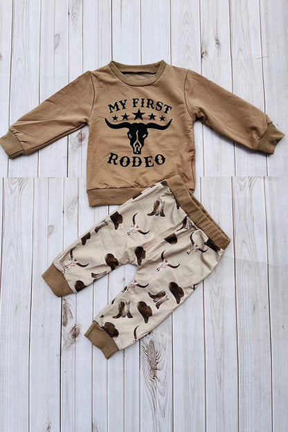 Western "MY FIRST RODEO" brown sweatshirt & pant boy's boutique set 2601108M