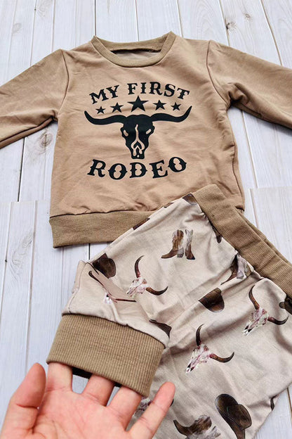 Western "MY FIRST RODEO" brown sweatshirt & pant boy's boutique set 2601108M