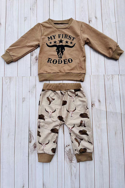 Western "MY FIRST RODEO" brown sweatshirt & pant boy's boutique set 2601108M