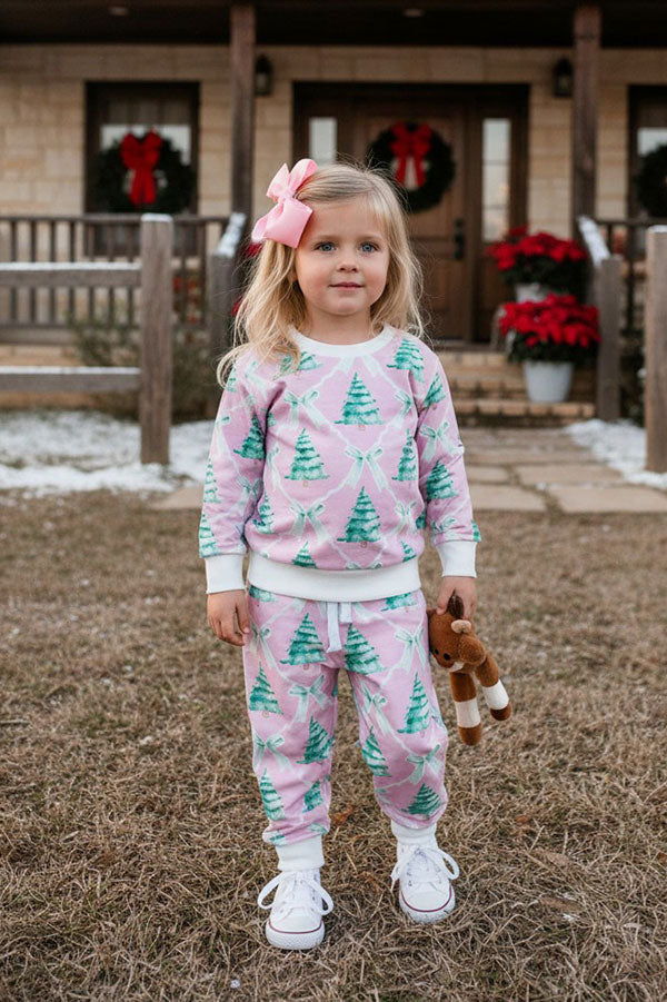 Christmas tree print pink long sleeve sweatshirt & pant girls boutique set 2601109M