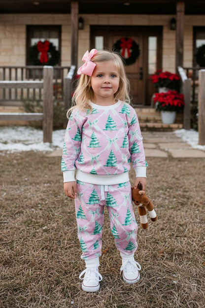 Christmas tree print pink long sleeve sweatshirt & pant girls boutique set 2601109M