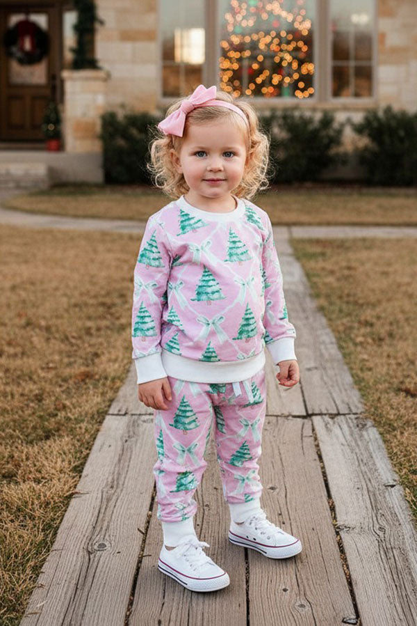 Christmas tree print pink long sleeve sweatshirt & pant girls boutique set 2601109M