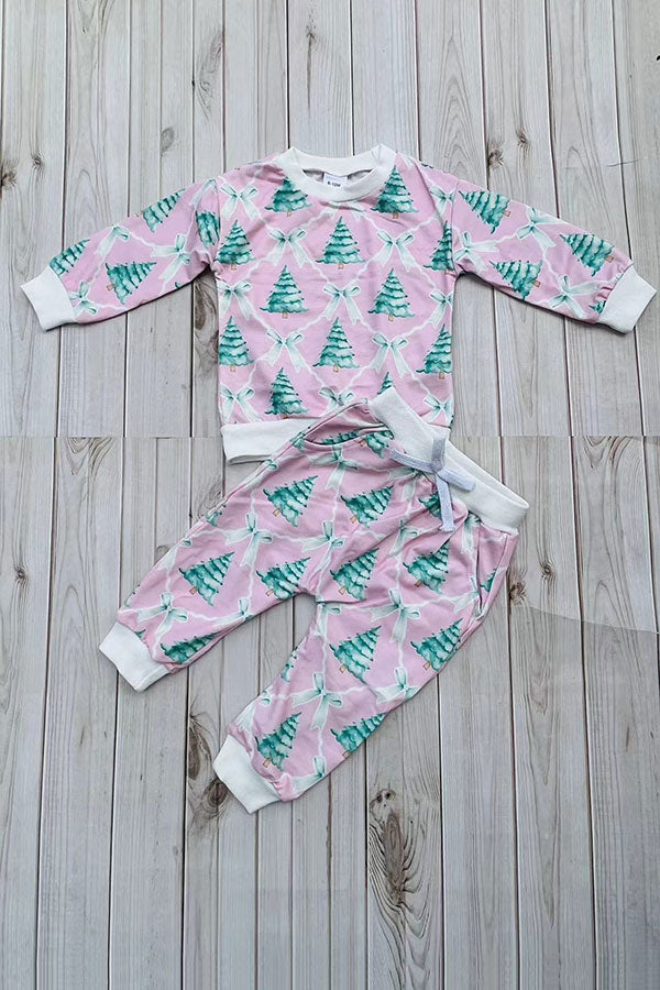 Christmas tree print pink long sleeve sweatshirt & pant girls boutique set 2601109M