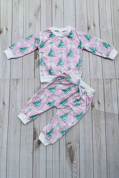 Christmas tree print pink long sleeve sweatshirt & pant girls boutique set 2601109M