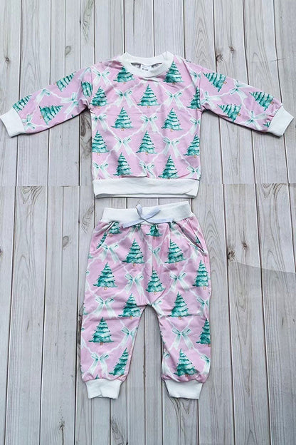 Christmas tree print pink long sleeve sweatshirt & pant girls boutique set 2601109M