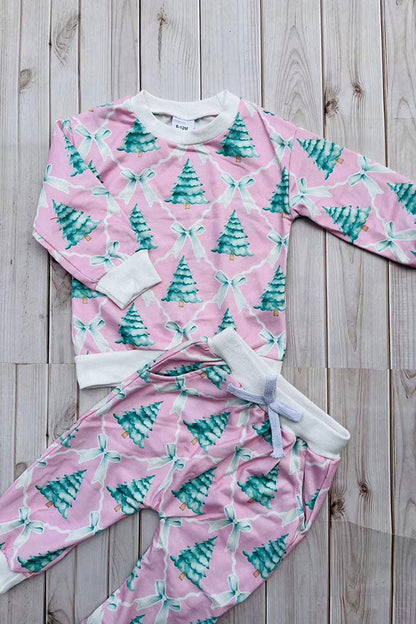 Christmas tree print pink long sleeve sweatshirt & pant girls boutique set 2601109M