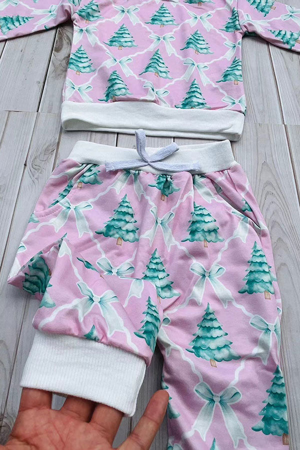 Christmas tree print pink long sleeve sweatshirt & pant girls boutique set 2601109M