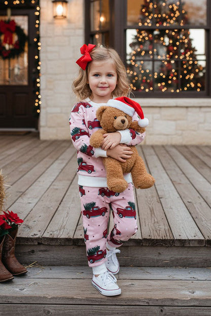 Christmas & truck tree print pink long sleeve sweatshirt & pant girls boutique set 2601110M